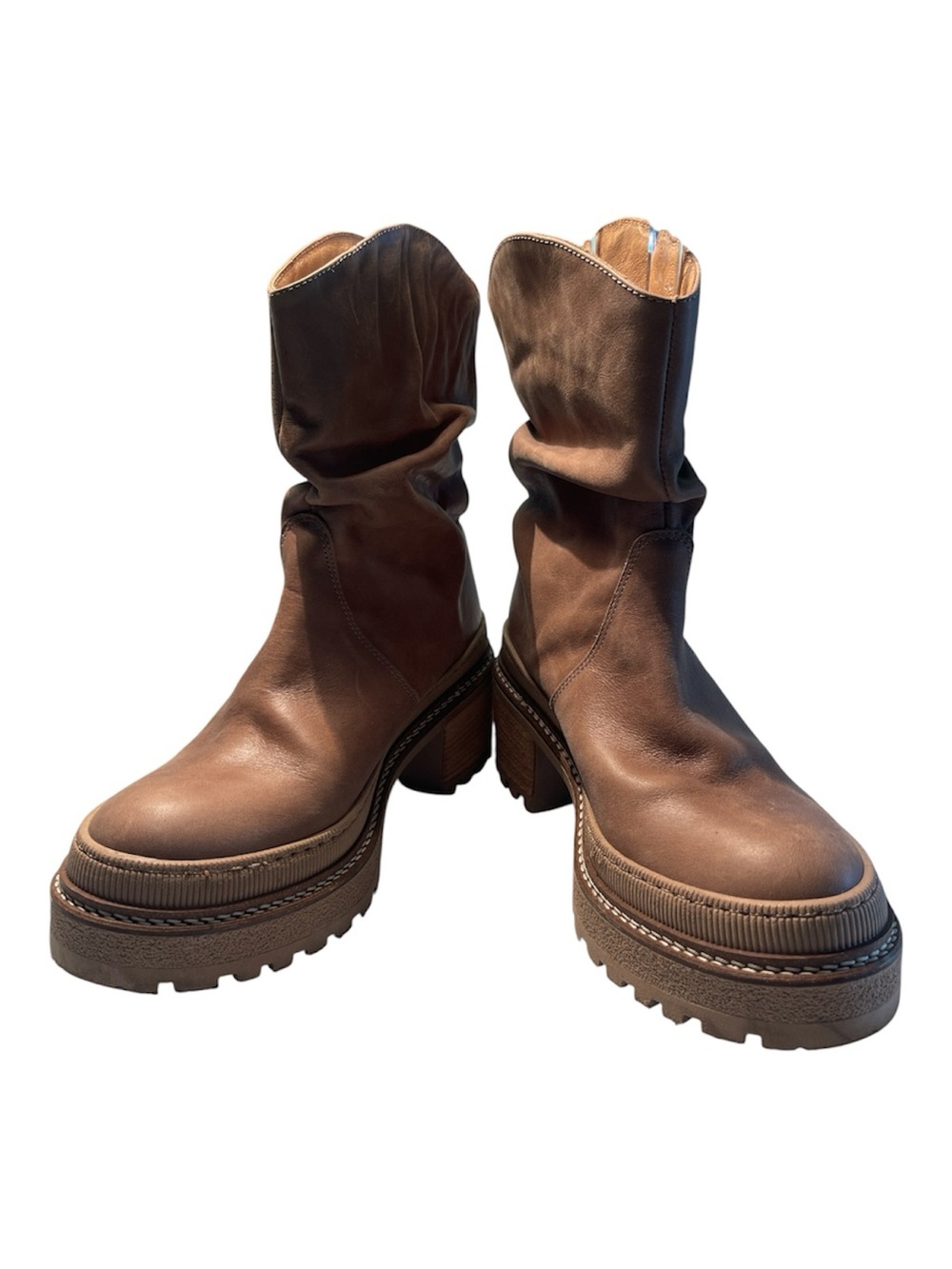 Free People Brown Platform Leather Mid-Calf Scrunched Boots Size 9.5